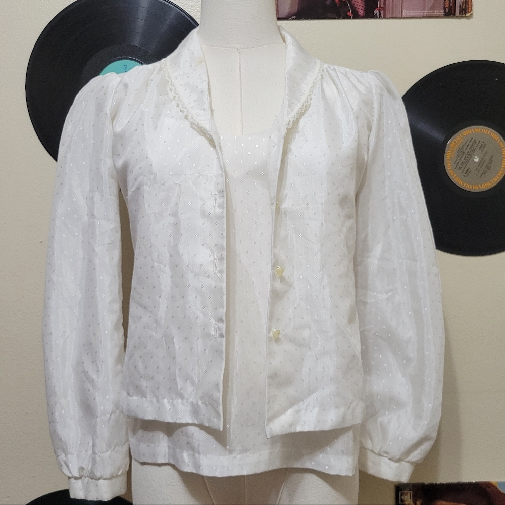 Petite Street | 80s Vintage White Polka-Dot Blouse & Cami Set